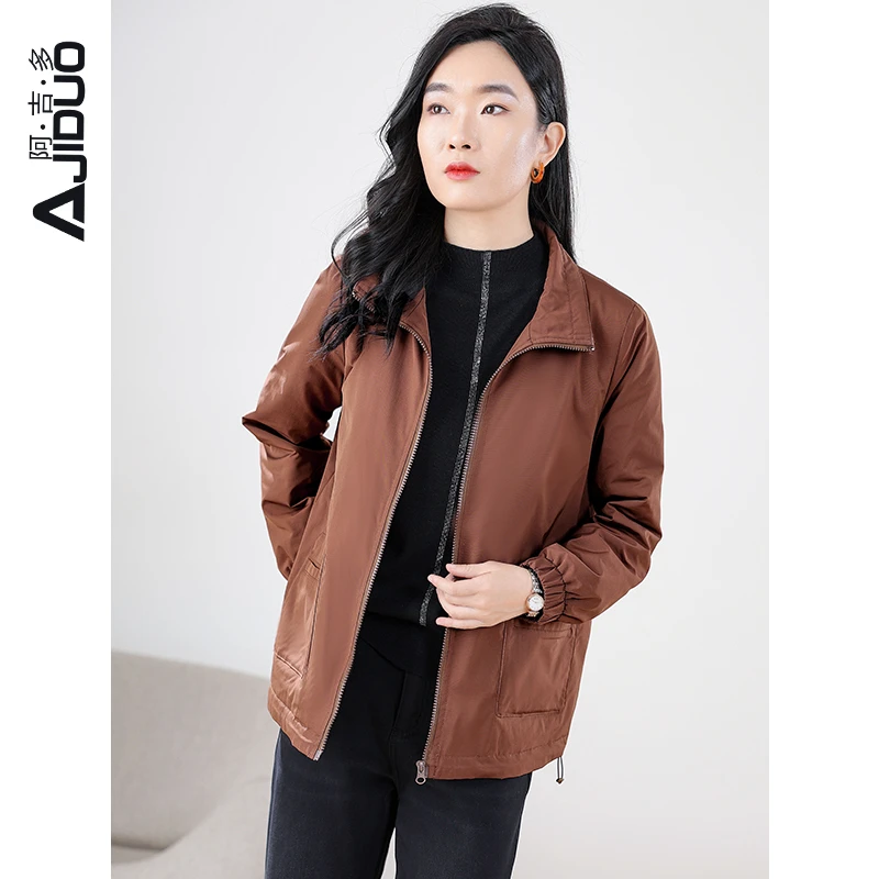 阿吉多长袖棉服外套女秋冬季翻领保暖小棉袄休闲时尚夹棉衣A20665