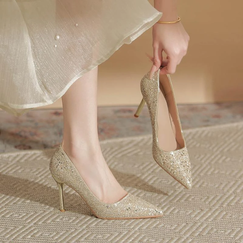 【高奢&达人款】尖头亮片金色婚鞋秀禾两穿水晶高跟新娘鞋气质细