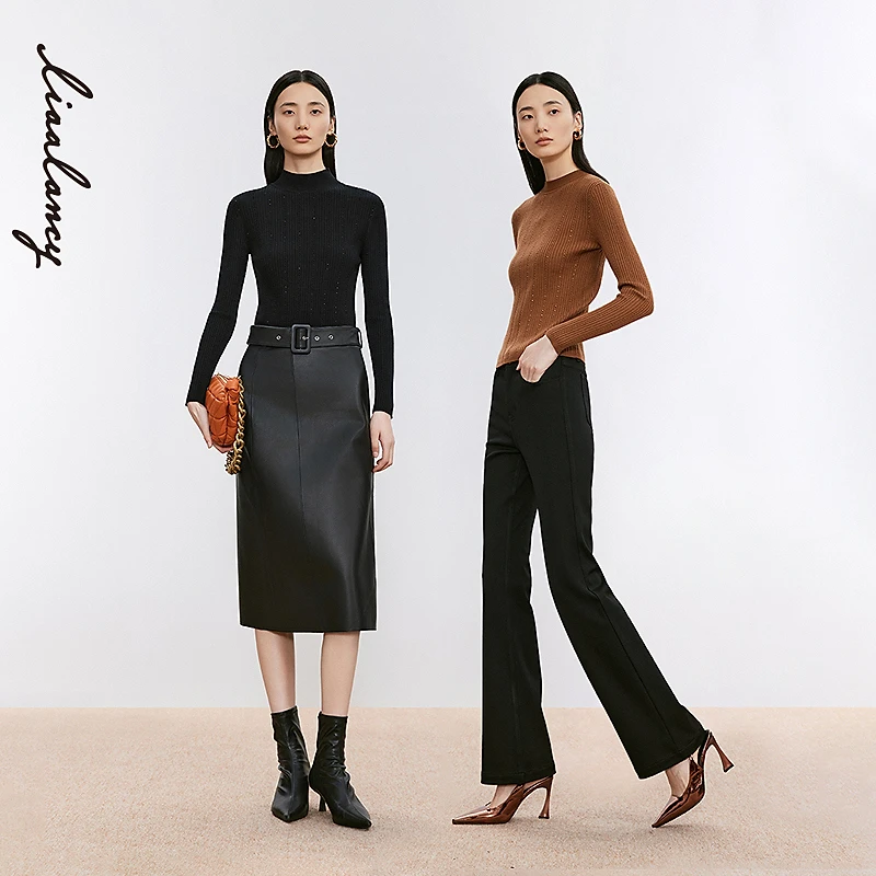 LANCY/朗姿2024冬新款复古坑条烫钻设计感半高领针织衫女修身打底
