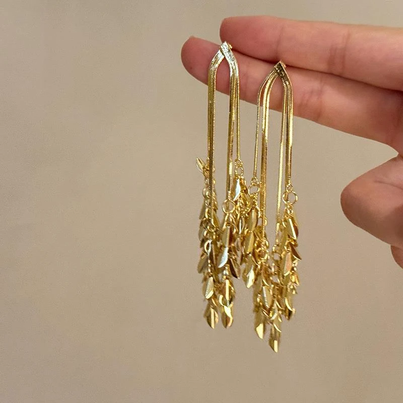 铜合金锆石耳饰 富家千金~长款小众麦穗耳环女轻奢高级耳钉夸张大