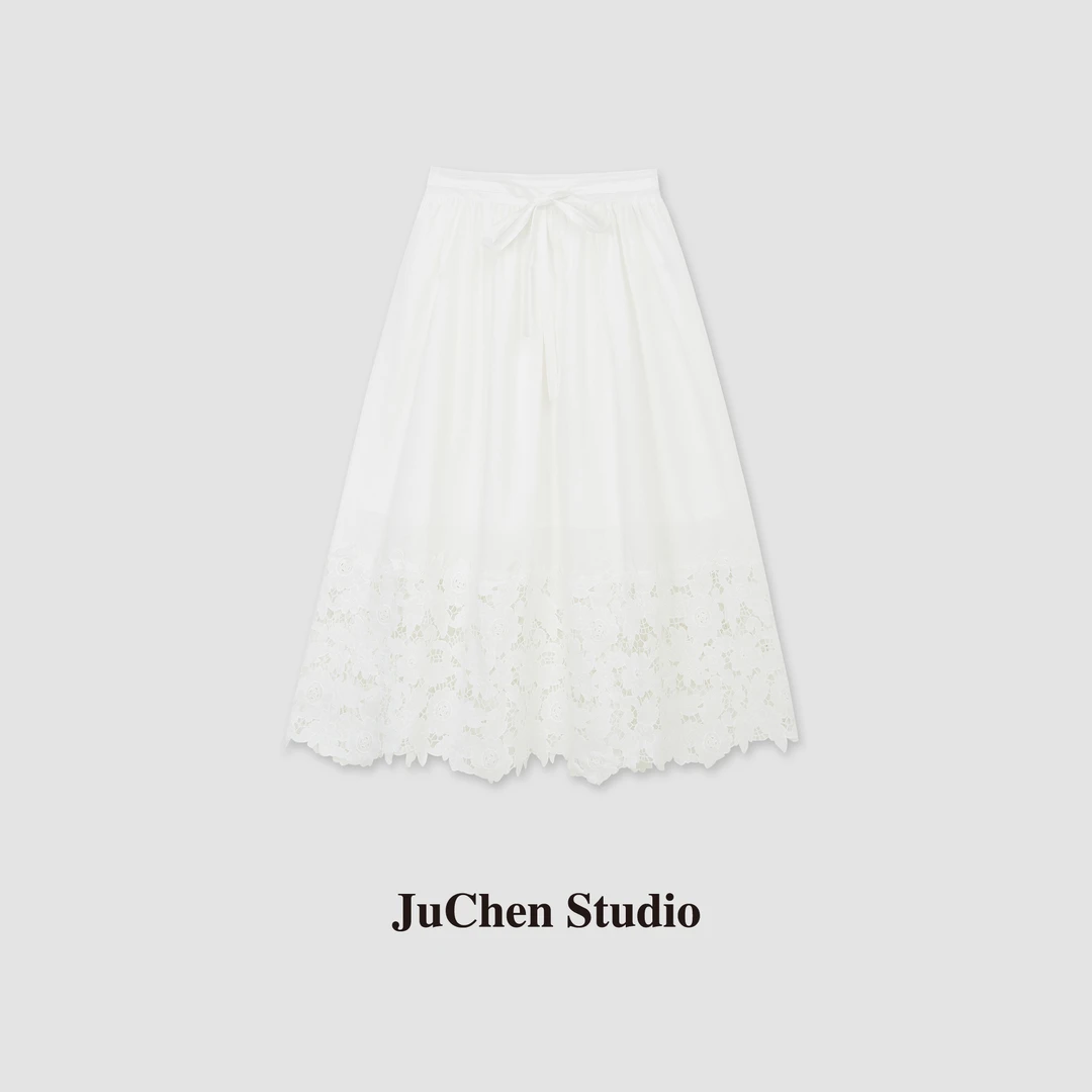 “白茶剪影”文艺美系重工花朵刺绣高腰伞裙半身裙 SS206001-133