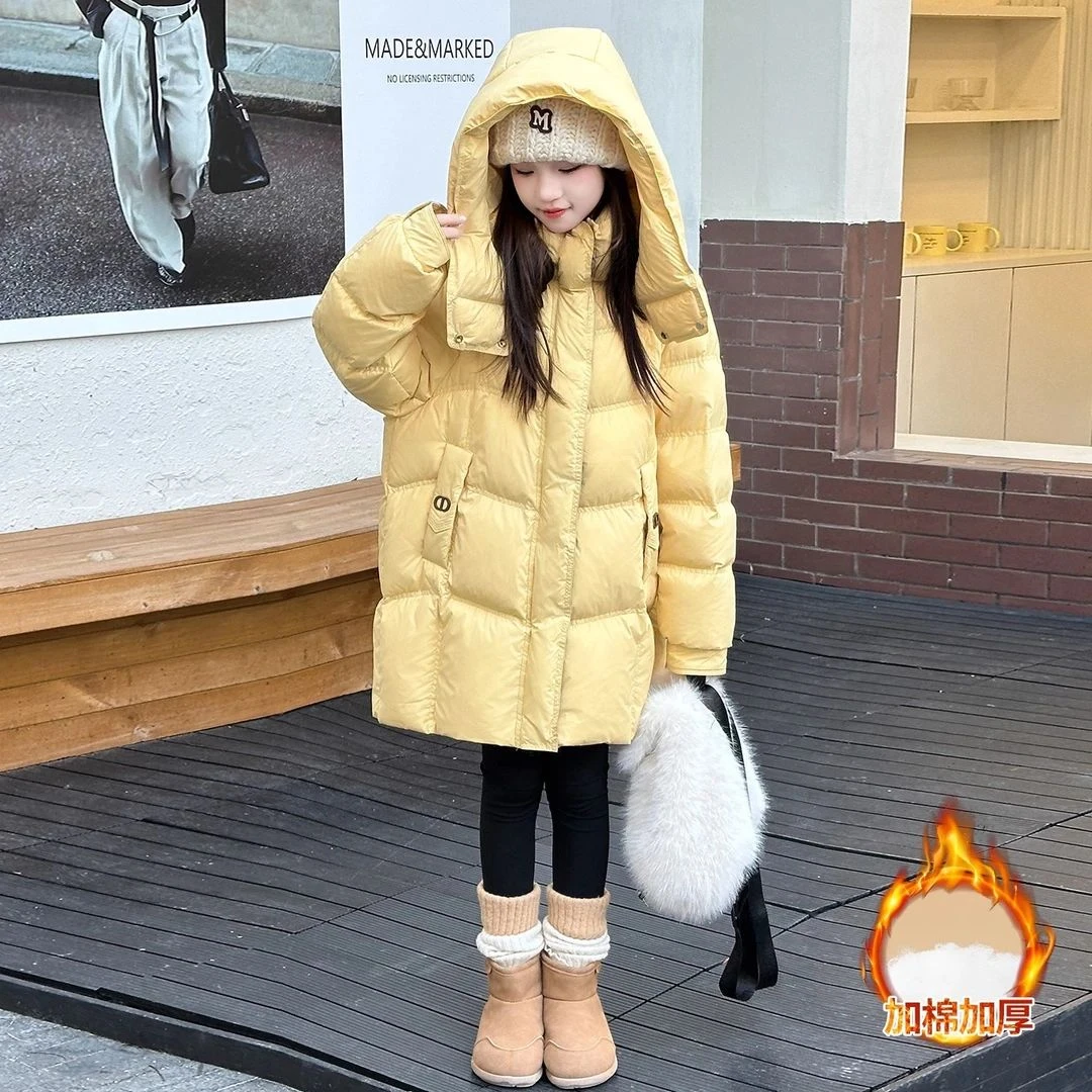 女童棉服外套冬季2025新款中大童中长款连帽加厚羽绒棉衣儿童棉袄