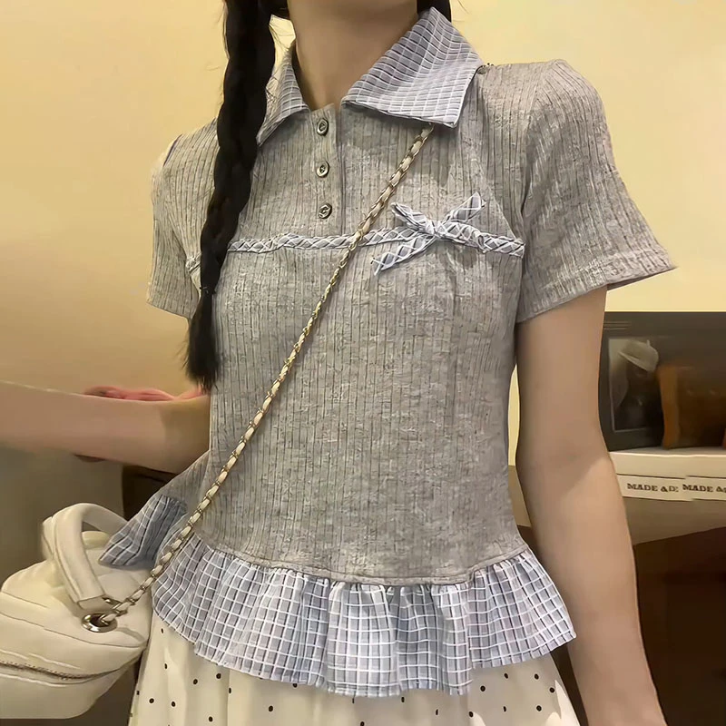 【8613】大码女装胖mm格纹拼接假两件短袖T恤夏季polo领短款上衣