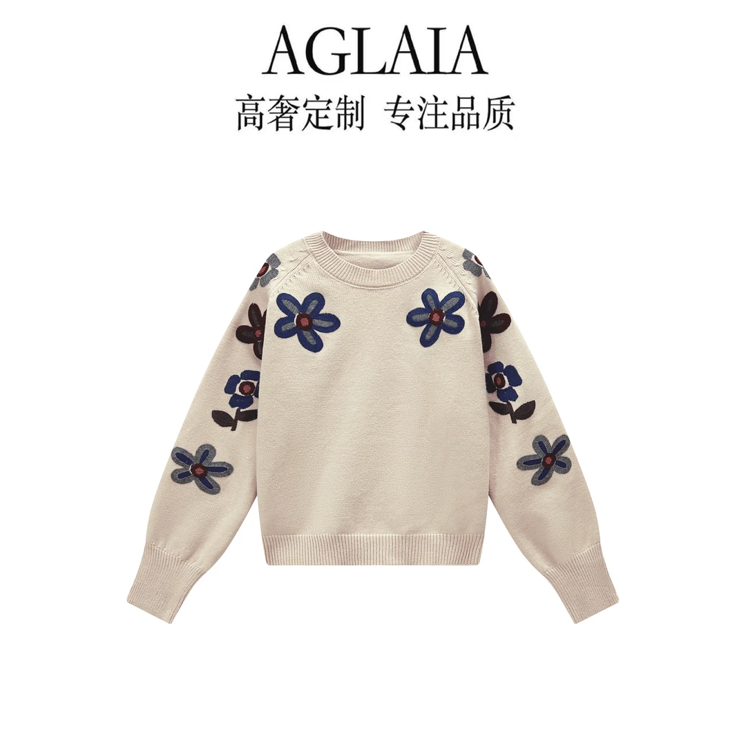 AGLAIA秋冬新款慵懒风重工花朵刺绣针织衫女时尚百搭减龄毛衣6537
