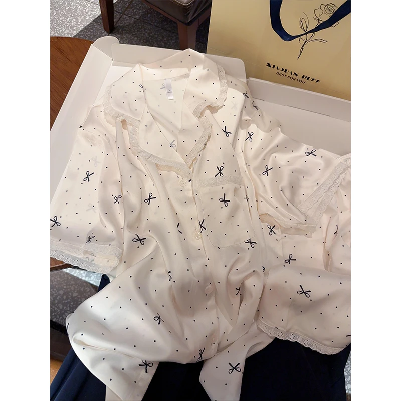 【波点蝴蝶结】法式甜美蕾丝边冰丝睡衣女新款短袖短裤家居服可外穿