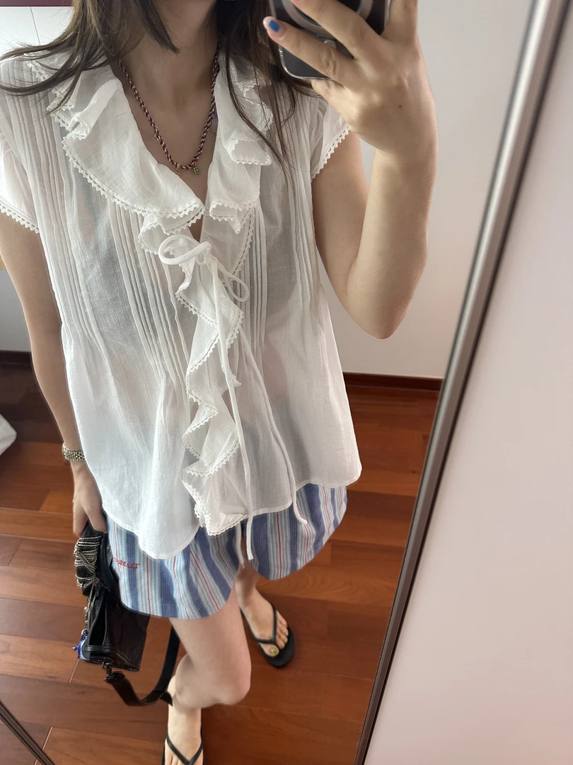 【ZHANGDAYUN】32369#【ins博主绑带荷叶边绑带小飞袖衬衣】