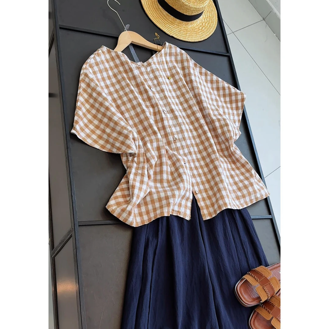 格子娃娃衫上衣女夏2025新款宽松休闲套头短袖衬衫棉麻上衣