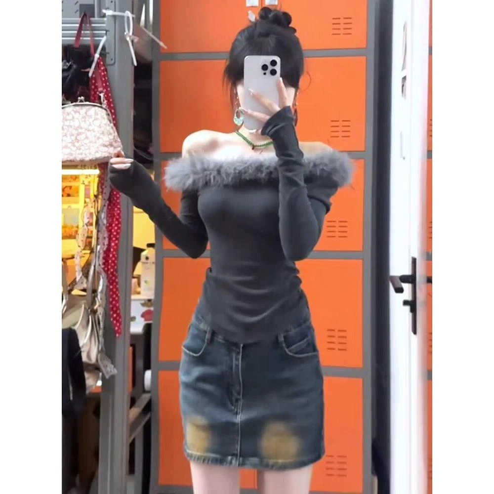 【11螺纹德绒270克】韩系毛毛拼接斜领长袖女纯欲时髦感露肩打底