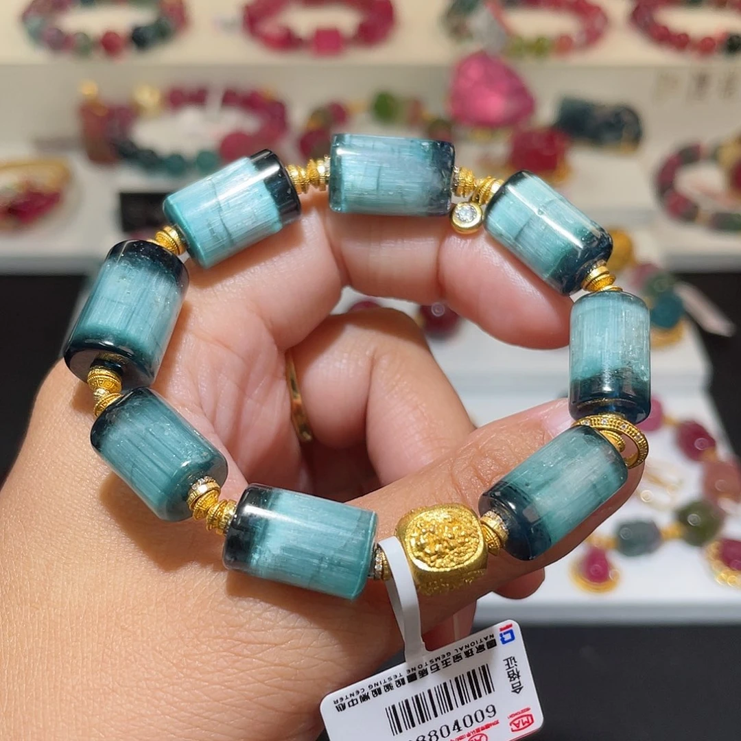 碧玺猫眼手链18K金镶嵌 蓝色10+mm 桶珠