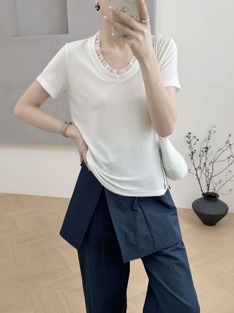 帆仔褶皱领边【莱赛尔天丝+，绵羊毛】简约白T6773