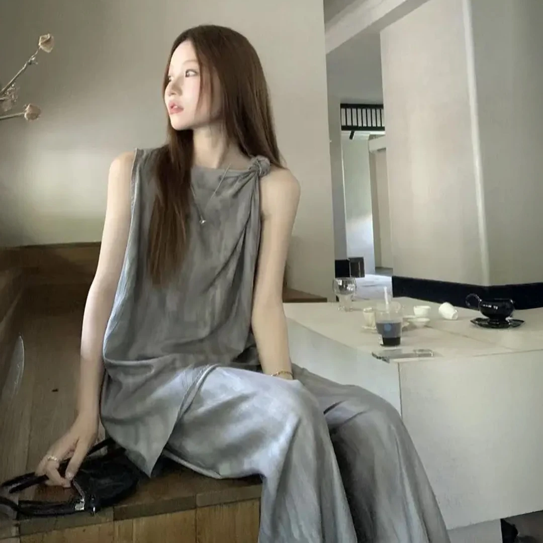 夏季新款韩系松弛感不规则无袖上衣显瘦阔腿裤气质时尚洋气套装女