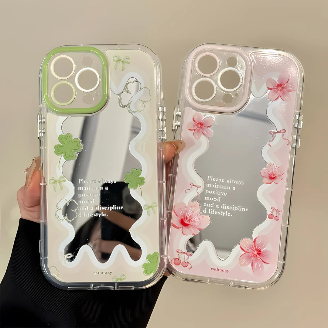 波浪四叶草镜面泡芙适用苹果16羽纱手机壳华为小众oppo小米vivo