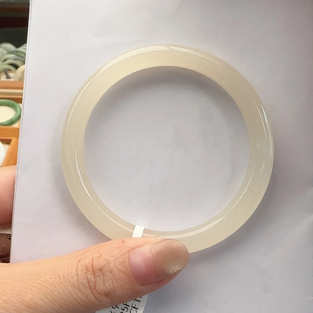 和田玉未镶嵌手镯冰胶起猫光 藕粉 圆条56-57 精品高质