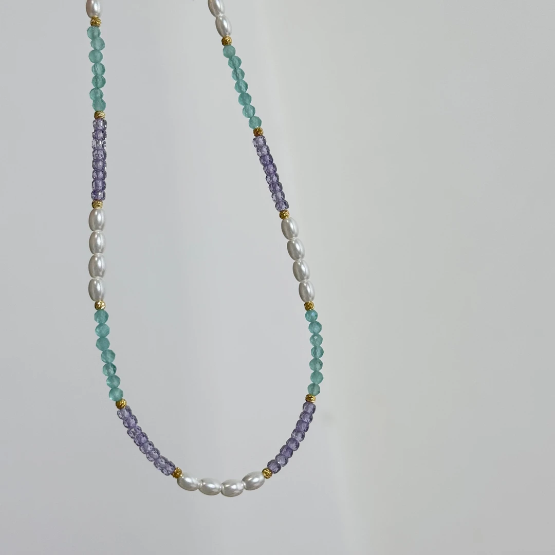 铜合金仿水晶项链 哆迦鑫-简约时尚蓝色清新拼色项链