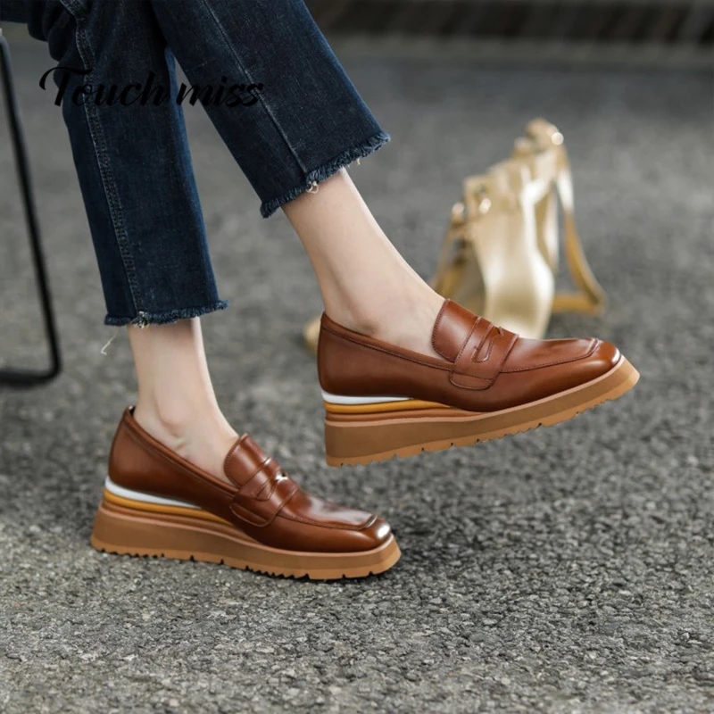 TOUCH MISS法式小众中口方头小皮鞋女外穿百搭松糕底女鞋高跟单鞋