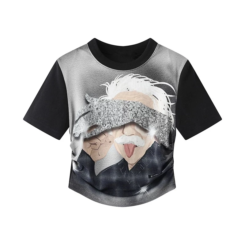 1212甜酷风褶皱T恤女2025春夏季圆领短袖上衣服