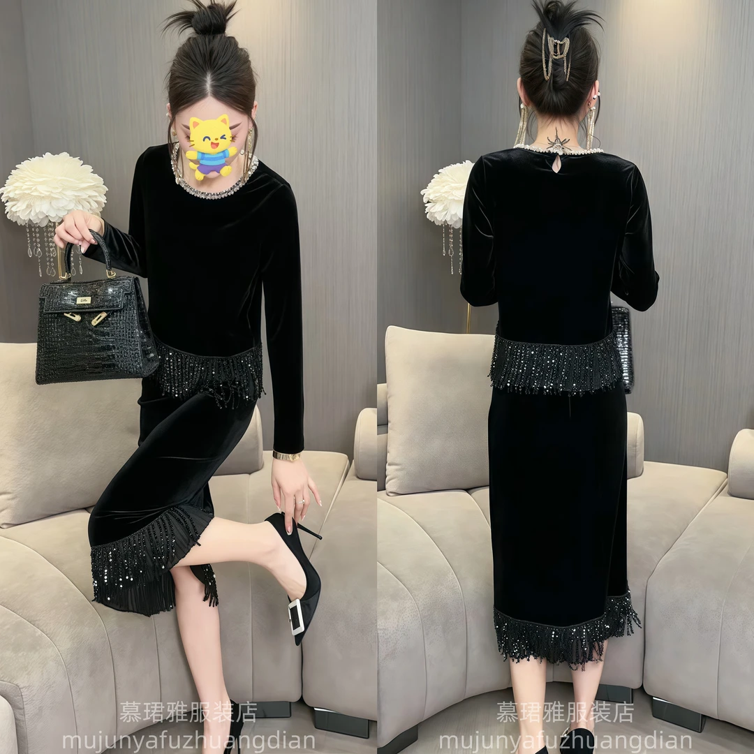 欧货重工流苏设计感连衣裙女秋季圆领显瘦遮肉高档轻奢裙子潮