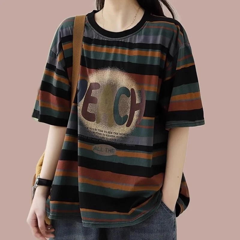 大码复古文艺条纹短袖T恤女夏季新款胖MM宽松显瘦遮肚子印花上衣