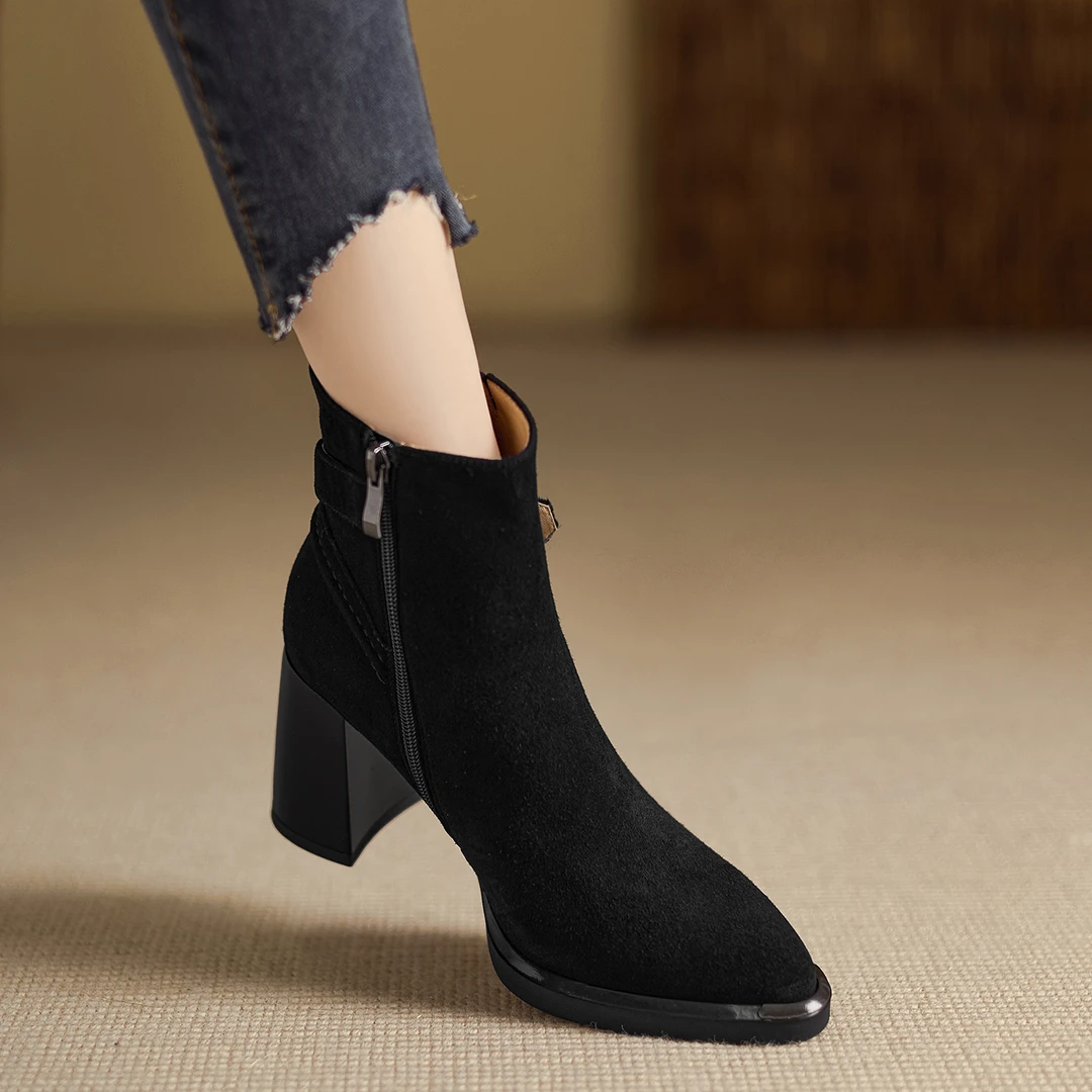 小个子手工女鞋7cm~高跟靴子女时装靴时尚尖头马丁靴气质粗跟短靴