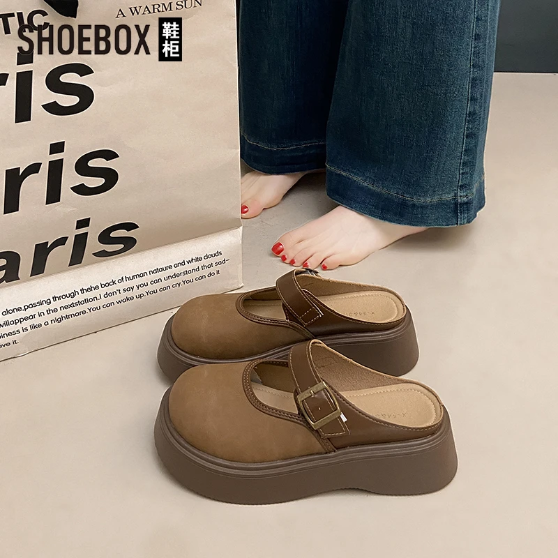 SHOEBOX鞋柜网红复古包头半拖鞋女春2025新款厚底懒人勃肯单鞋