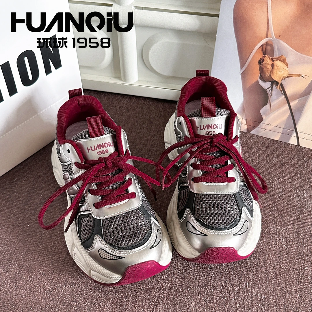 HUANQIU/环球女鞋2025新款时尚简约老爹鞋厚底增高学生校园运动鞋