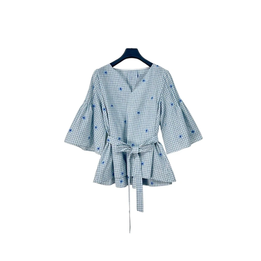 V领网格短袖衬衫夏季流行穿搭2025新款韩系高级感荷叶边休闲上衣