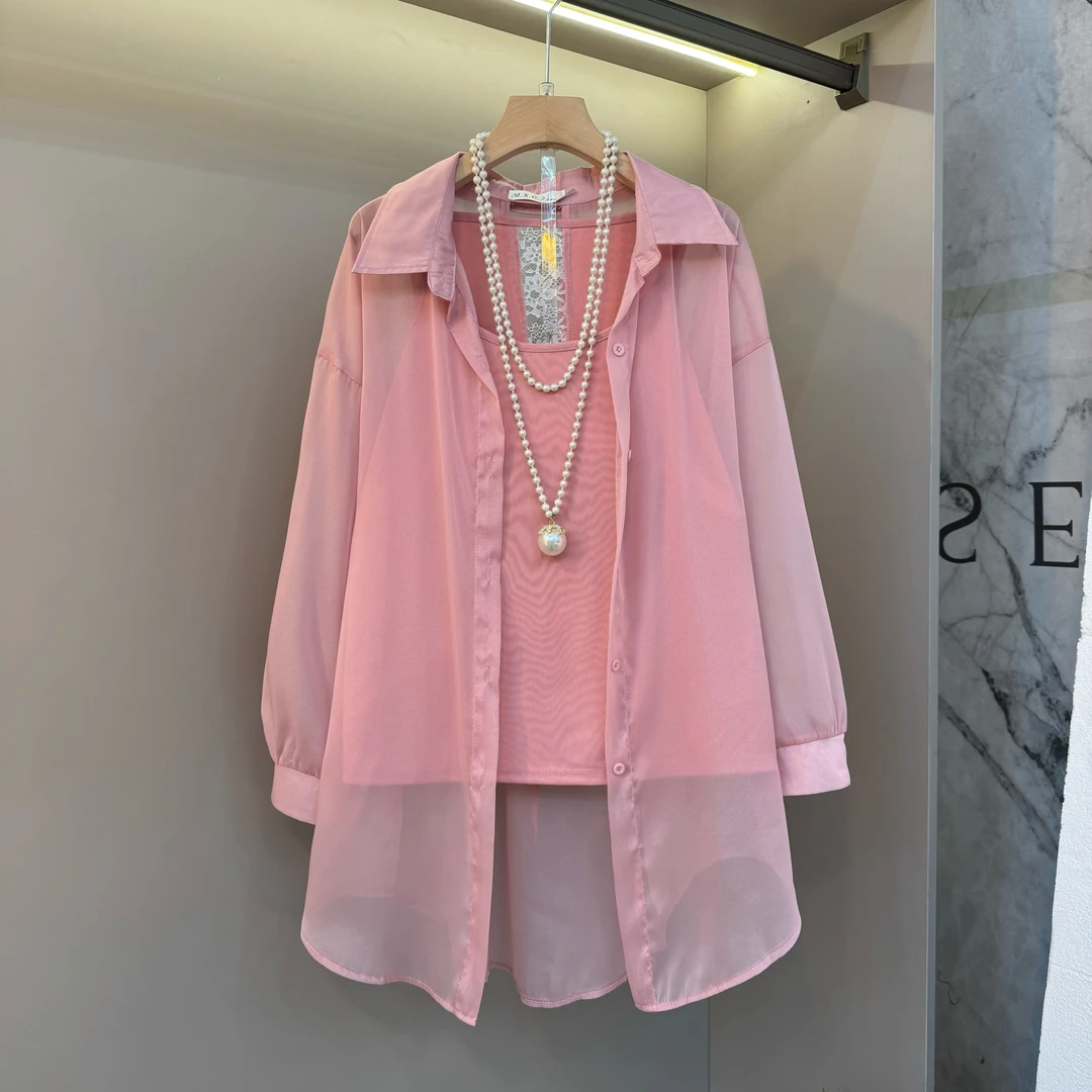 洋气时尚春季大码女装新款蝴蝶结衬衫外套+拼接蕾丝吊带背心套装