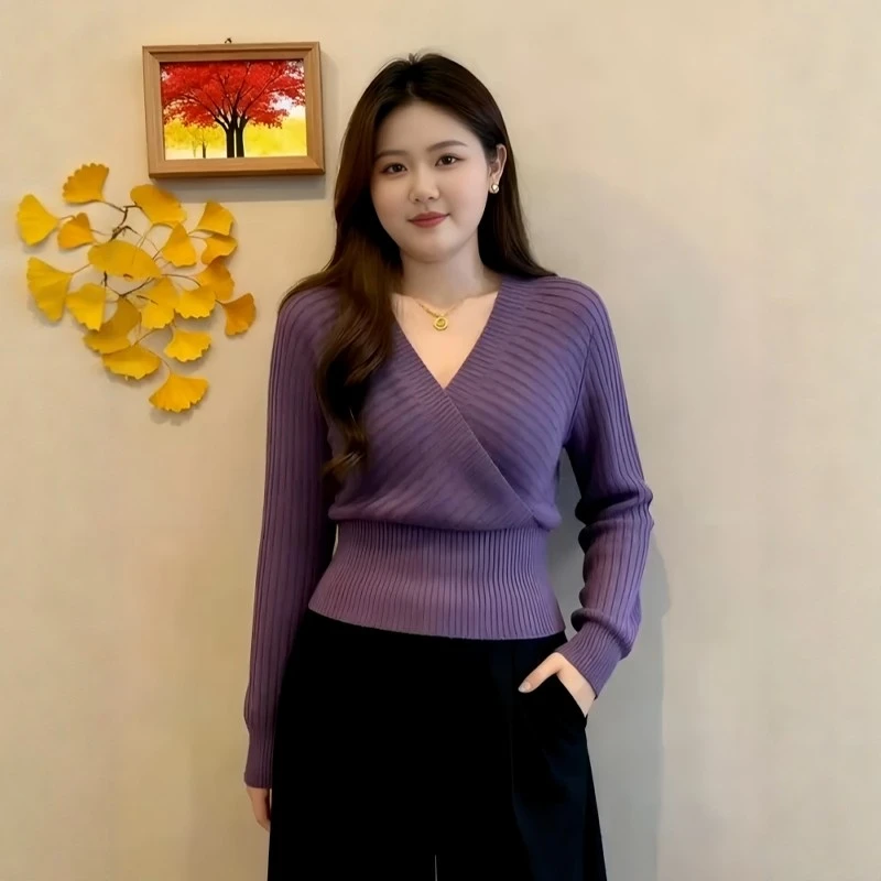 大码设计感交叉v领紫色毛衣针织衫女秋冬新款气质打底衫内搭上衣