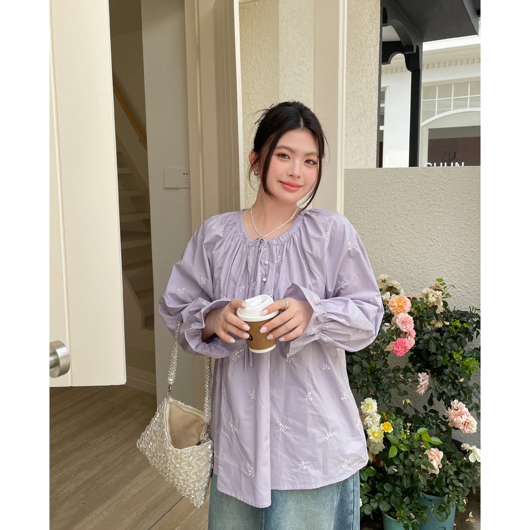 BUMENYLEE春季新款蝴蝶结喇叭袖衬衫大码胖mm宽松独特别致上衣