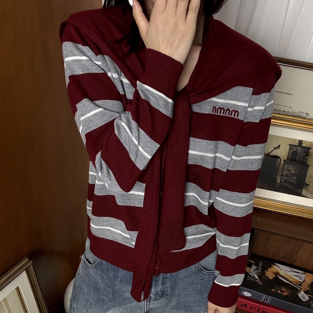【姚姚-羊毛混纺】横条拼色➕披肩长袖开衫针织衫百搭宽松秋季