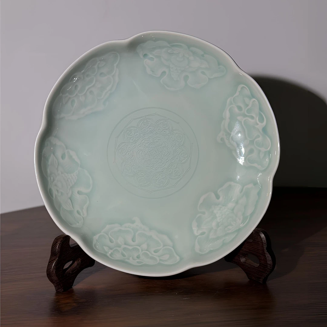 恋长安知己非遗耀州窑青瓷花舞大唐春天青釉满花浮雕深盘餐盘茶盘