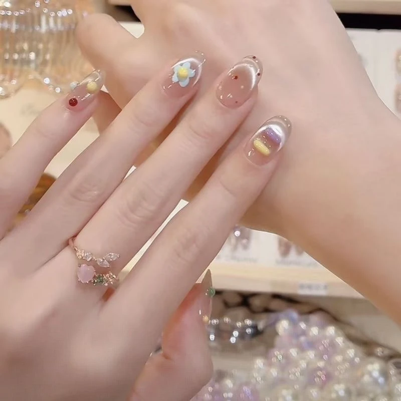 春夏云朵猫眼纯手工穿戴甲高颜值美甲可拆斜光疗甲