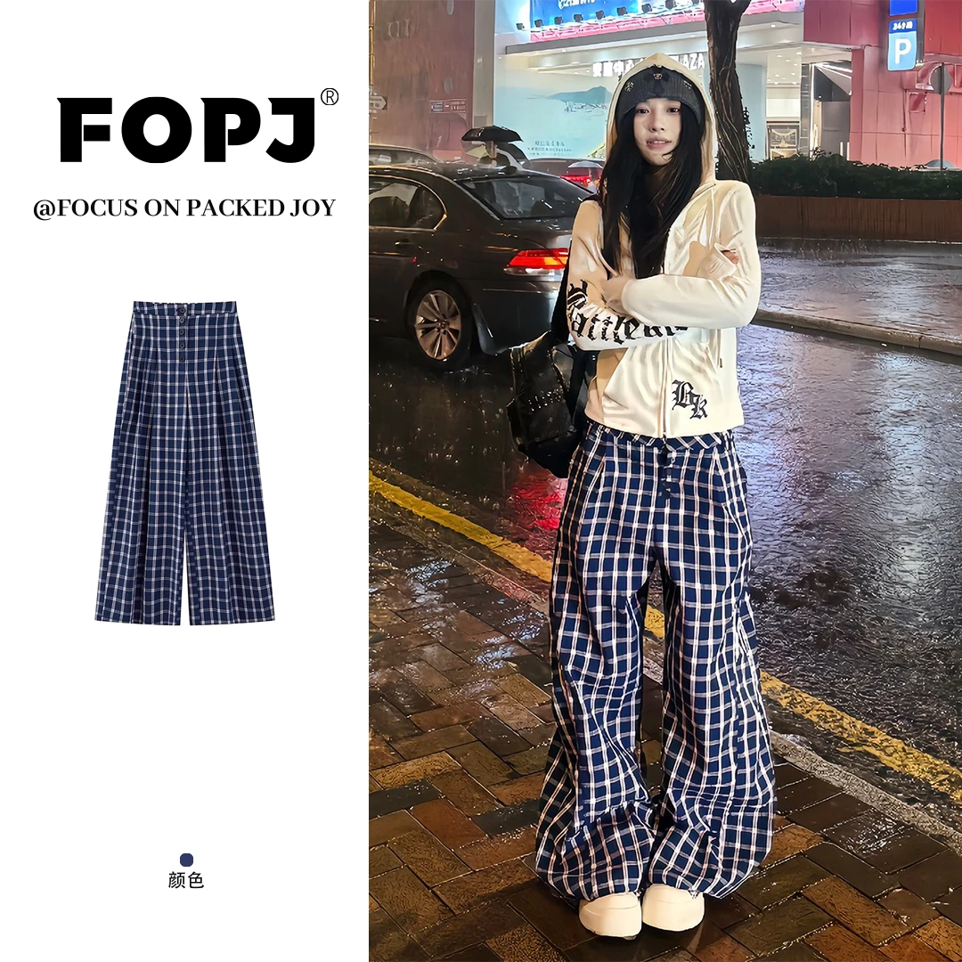 FOPJ美式复古哥特风格子裤女设计感夏季高腰阔腿裤宽松百搭拖地裤
