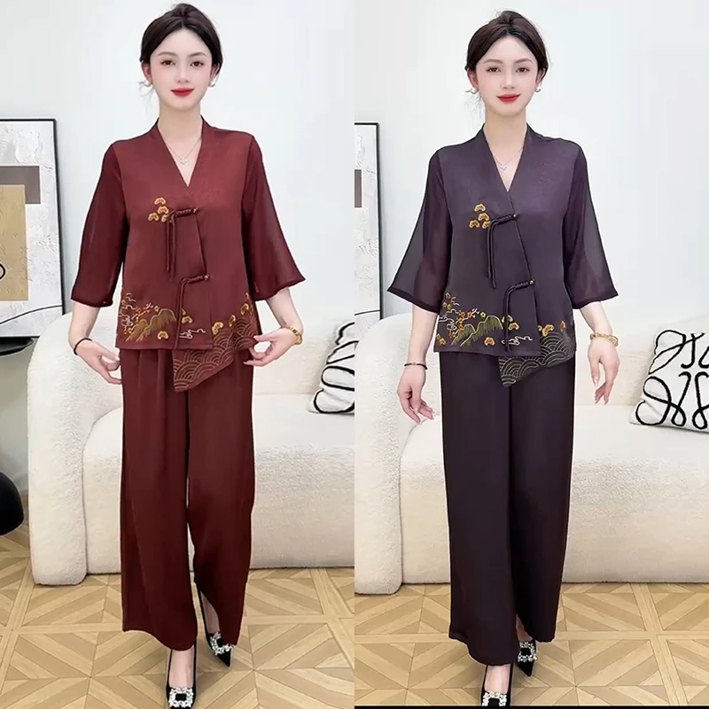 中式妈妈国风夏装洋气刺绣时尚上衣夏季新款两件套开衫中老年套装