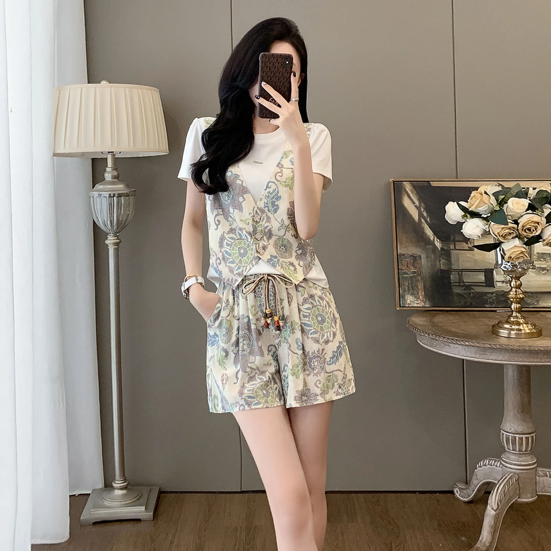 小个子微胖短裤套装女夏季休闲时尚减龄洋气假两件短袖显瘦两件套