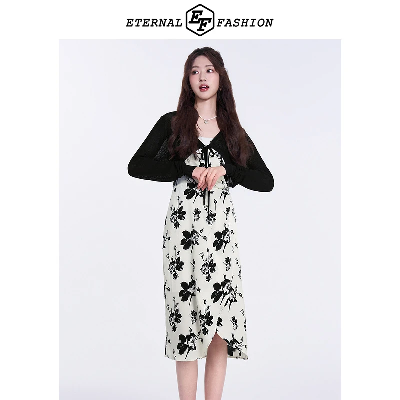 【昕昕严选】EF针织开衫吊带2025春夏气质法式印花连衣裙两件套D413