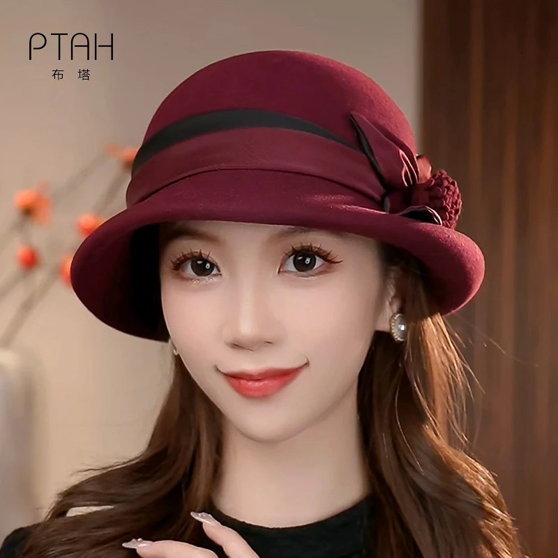 布塔秋冬帽子女羊毛礼帽定型帽气质优雅羊毛呢圆顶英伦复古洋气