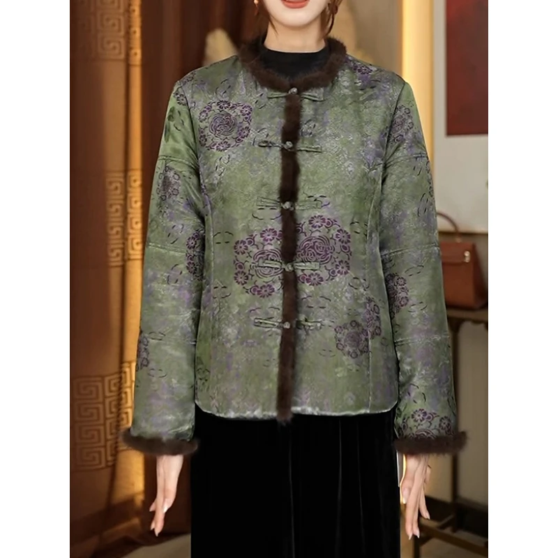 中式国风圆领拼接印花保暖棉服外套2025冬季新款高档洋气时尚棉衣