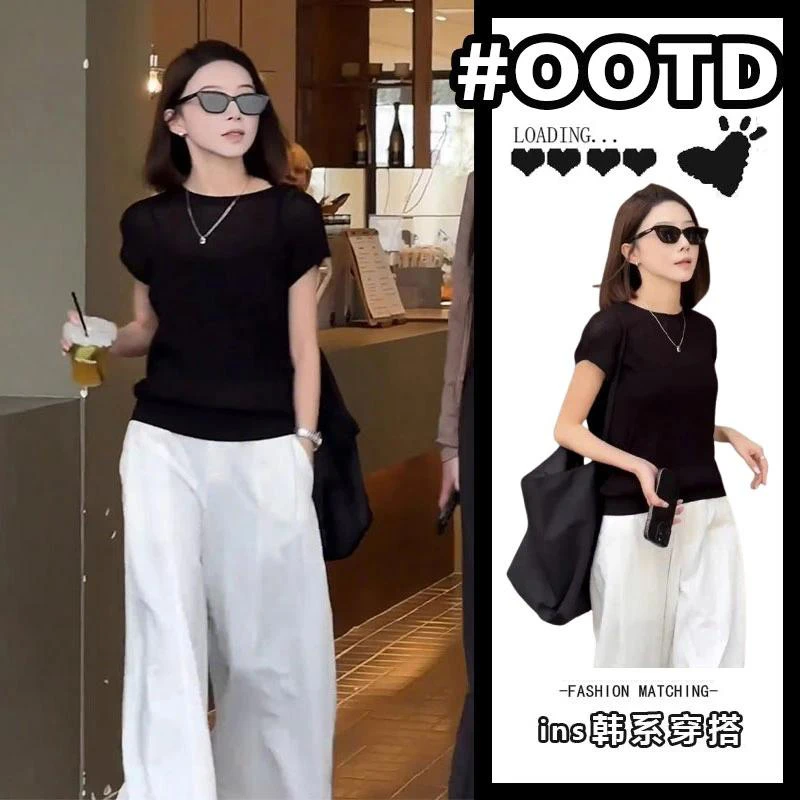 初夏穿搭一整套干练气质轻奢高级感女人味上班通勤黑色T恤套装裤