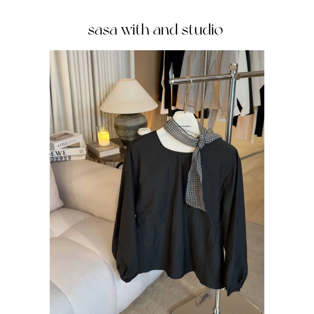 极简个性小众V字露背衬衫后腰松紧显瘦百搭上衣 7031