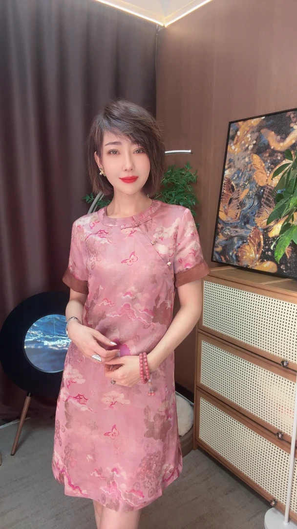 【露lu专属】十里桃花圆领斜襟原创盘扣新中式复古中国风连衣裙T320