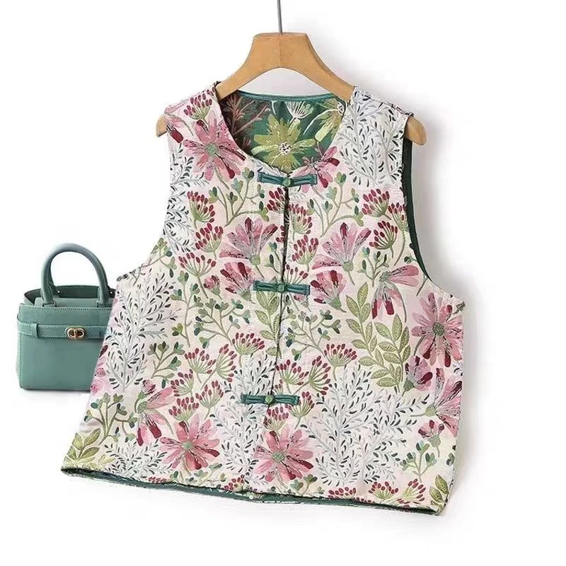 M12 花枝锦 油画小花新中式国风盘扣正反面穿马甲唐装女士坎肩外