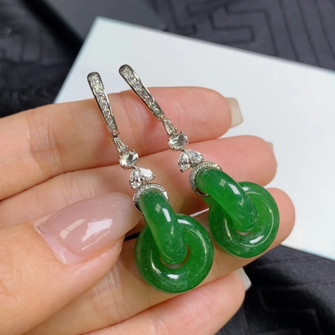 翡翠18K金镶嵌耳饰满色双环