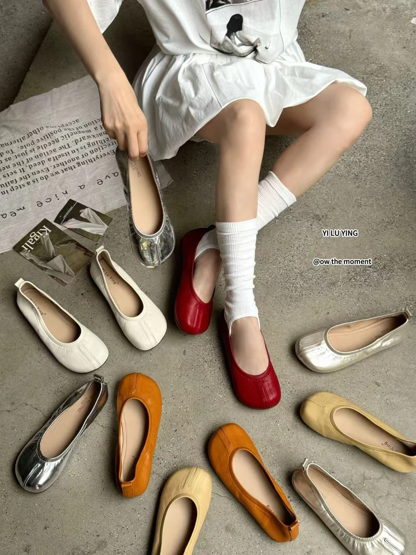 V家 浅口软底平底假分趾单鞋