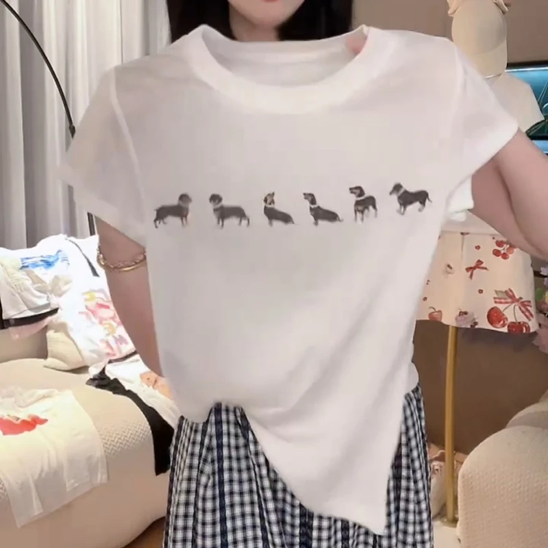 【珍珠腊肠狗】25新时尚百搭卡通轻奢休闲风短袖打底T恤LK2504241