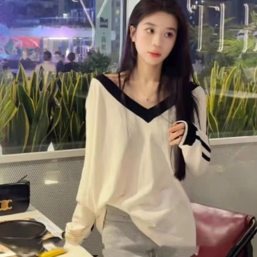 舒适常规纯色长袖宽松型毛针织衫拼接中长款气质秋季