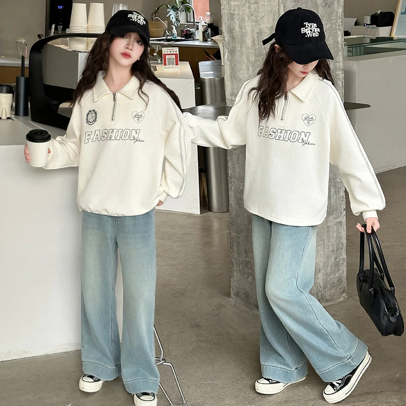 女童套装春装新款儿童春季翻领POLO衫卫衣中大童直筒阔腿牛仔裤