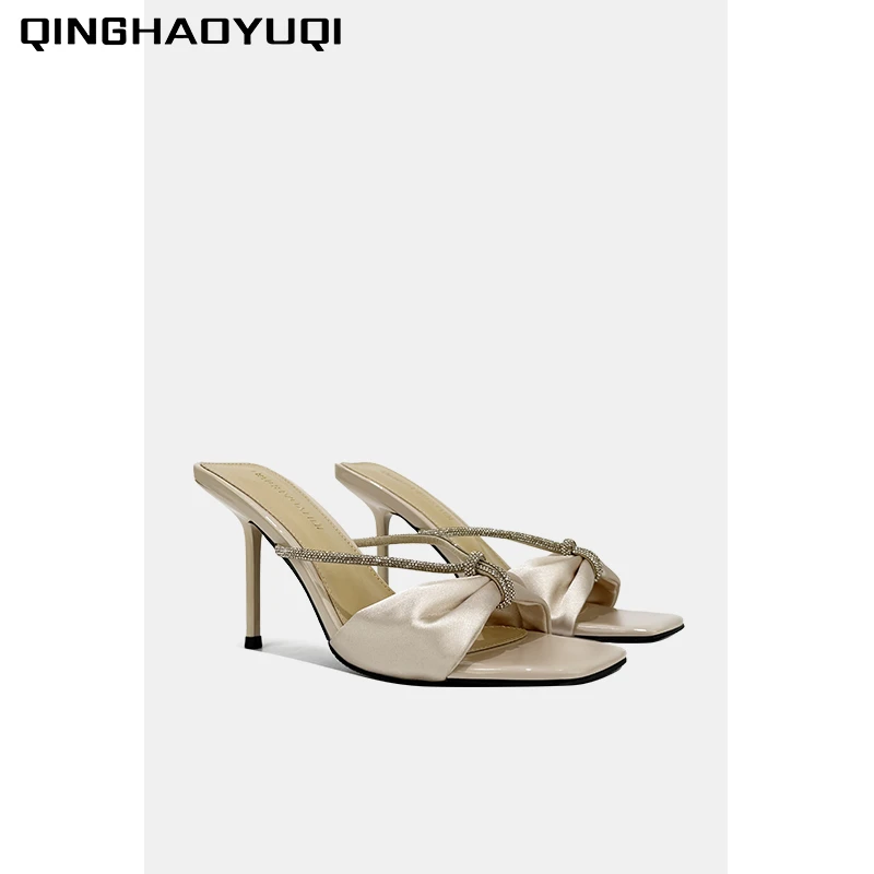 2025夏季香槟色方头水钻细跟高跟鞋高跟鞋气质一字带高跟鞋半拖