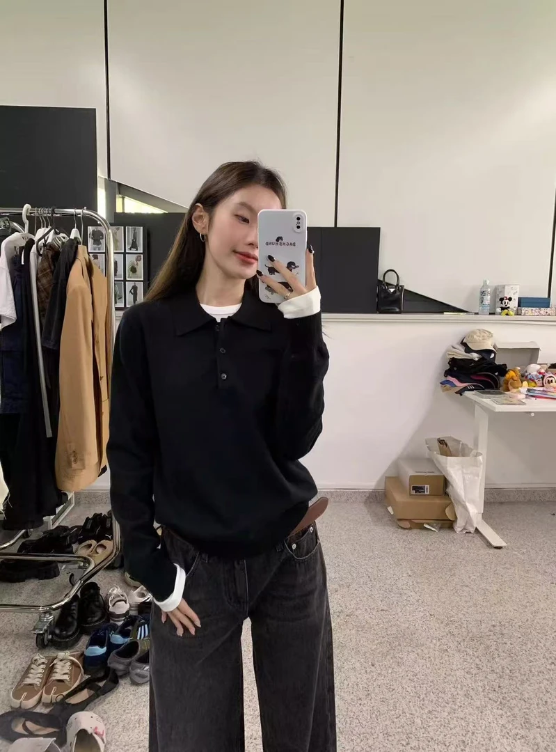 Bee-4922#韩系气质polo衫纽扣正肩宽松长袖针织毛衣【衣长52】