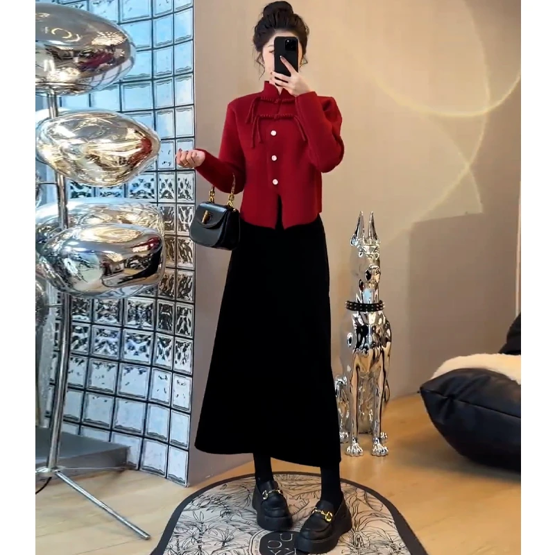 本命年红色套装裙女冬季新款新中式盘扣针织毛衣丝绒半身裙两件套